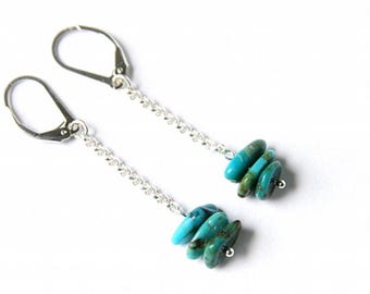 Turquoise Sterling Earrings, Genuine Kingman Arizona Turquoise Chips on Argentium Silver Leverbacks