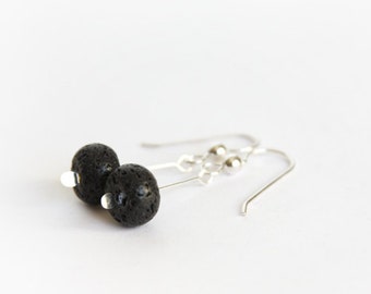 Lava Earrings Black Lava Natural Stone Beads Black Earrings Sterling Silver Earwires Simple Jewelry Gemstone Earrings Minimal Earring #15240