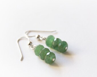 Aventurine Earrings Green Earrings Faceted Beads Sterling Silver Jewelry Gemstone Earrings Simple Jewelry Modern Earrings Three Beads #15235