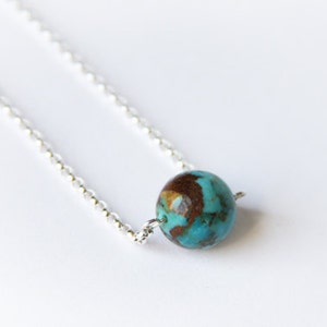 Turquoise Sterling Necklace Genuine Kingman Turquoise Necklace Sterling Silver Chain One Round Bead Minimal Necklace Simple Jewelry #15025