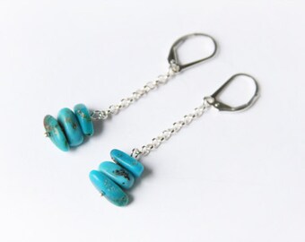 Turquoise Chips Earrings Sterling Silver Earrings Kingman Turquoise Earrings Sky Blue Turquoise Jewelry Minimal Dangle Earrings #15077