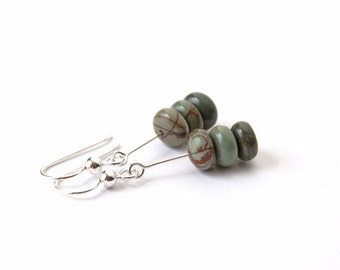 Green Jasper Minimalist Earrings Sterling Silver Earrings Mossy Gray Grey Sage Green Natural Stone Beads Simple Earrings Three #15298