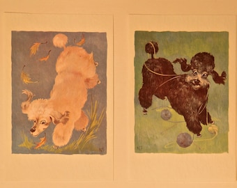 May include: Four vintage illustrations of poodles in different poses. The first image shows a white poodle with brown eyes, running and chasing leaves. The second image shows a black poodle with brown eyes, pulling a string of yarn. The third image shows a black poodle with brown eyes, sitting with a toy. The fourth image shows a white poodle with brown eyes, standing on its hind legs with a blue bow.