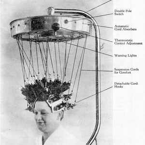 May include: A black and white image of a hair dryer with a silver metal frame and a black handle. The hair dryer has a round, silver metal top with a light bulb in the center. The hair dryer is attached to a silver metal stand with a black handle. The hair dryer is being used on a person's head. The hair dryer has a number of cords hanging from the top. The cords are labeled with the following text: 'Fuses', 'Double Pole Switch', 'Automatic Cord Absorbers', 'Thermostatic Control Adjustment', 'Warning Lights', 'Suspension Cords for Comfort', and 'Detachable Cord Hooks'.