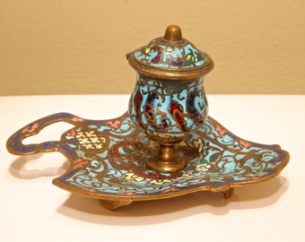 ANTIQUE CHAMPLEVE INKWELL