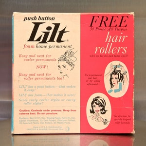 May include: A pink and white box for Lilt foam home permanent. The box has a picture of a woman using the product. The box also says 'Free 36 Plastic All Purpose Hair Rollers' and 'Use to permanent your hair or for setting afterwards.' The box also has a picture of a woman with her hair in rollers. The box is made by Procter & Gamble.