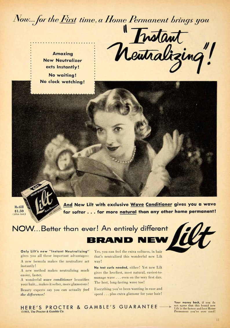 May include: A black and white advertisement for Lilt Home Permanent. The ad features a woman with short, wavy hair. The text reads 'Now... for the First time, a Home Permanent brings you 'Instant Neutralizing!' Amazing New Neutralizer acts Instantly! No waiting! No clock watching!' and 'And New Lilt with exclusive Wave Conditioner gives you a wave far softer... far more natural than any other home permanent!' The ad also features a box of Lilt Home Permanent and the text 'NOW... Better than ever! An entirely different BRAND NEW Lilt'.