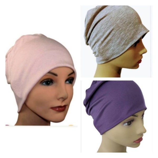 3 Organic Bamboo Cancer Hats - Chemo Cap, Cancer Beanie, Sleep, Casual,- Lighter Gray, Purple, Pink - Lot of 3, Soft, Small / Medium , Large