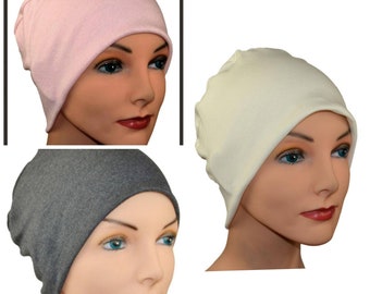3 Organic Bamboo Cancer Hats - Chemo Cap, Cancer Beanie, Sleep, Casual, Pink, Gray, Creamy White- Lot of 3, Soft, Small / Medium , Large