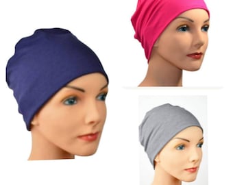 3 Bamboo Cancer Hats - Chemo Cap, Cancer Beanie, Sleep, Gray, Navy Blue and Fuschia - Lot of 3, Soft, Small / Medium , Large