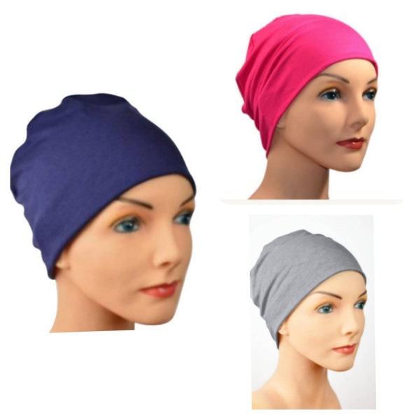 3 Bamboo Cancer Hats - Chemo Cap, Cancer Beanie, Sleep, Gray, Navy Blue and Fuschia - Lot of 3, Soft, Small / Medium , Large