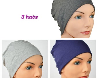 3 Cancer Hats-Chemo Cap, Buy2Get1 Free, Cancer Beanie, Sleep, Bamboo, Dark Gray,  Heather Gray,Navy Blue - Lot of 3- Small / Medium , Large