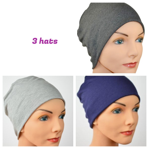 3 Cancer Hats-Chemo Cap, Buy2Get1 Free, Cancer Beanie, Sleep, Bamboo, Dark Gray,  Heather Gray,Navy Blue - Lot of 3- Small / Medium , Large