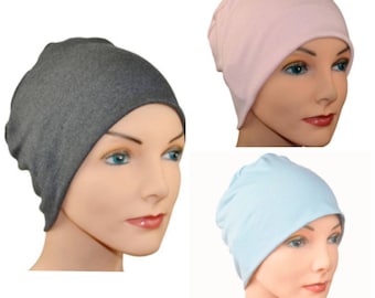 3 Cancer Hats - Chemo Cap, Cancer Beanie, Sleep, Organic Bamboo,  Dark Gray, Soft Pink, Medium Blue - Lot of 3 - Small / Medium , Large