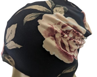 Spring Summer Chemo Cap, Cancer Beanie, Sleep, Casual, Black Floral Print, All Season Lightweight, Organic,  Small, Medium, Large