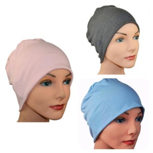 3 Organic Bamboo Cancer Hats - Chemo Cap, Cancer Beanie, Sleep, Casual, Pink, Gray,Light Blue - Lot of 3, Soft, Small / Medium , Large