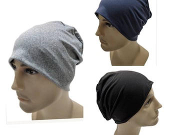 Warmer Version - 3 Cancer Hats - Brushed Knit, Men's Chemo Cap, Cancer Beanie, Sleep, Sweatshirt feel, Black, Navy Blue, Gray Size Large