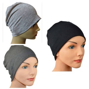 3 Organic Bamboo Cancer Hats - Chemo Cap, Cancer Beanie, Sleep, Light Gray, Dark Gray, Black - Lot of 3, Soft, Small / Medium , Large