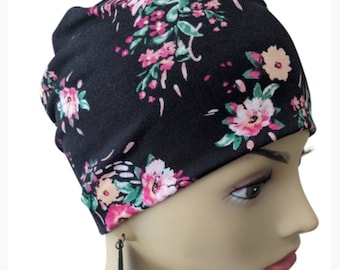 Spring Chemo Cap, Cancer Beanie, Sleep, Casual, Black Pink Print, All Season Lightweight, Organic,  Small, Medium, Large