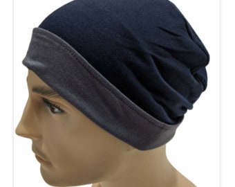 Men's Reversible Seamless Bamboo Chemo Cap, Cancer Beanie, Sleep, Casual,  Navy Blue and Gray super soft, Sz Large, Fall