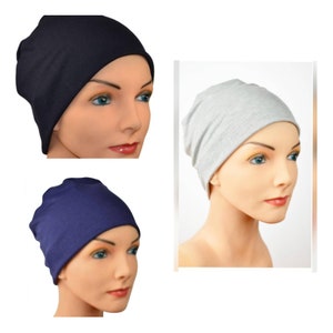 3 Cancer Hats - Chemo Cap, Cancer Beanie, Sleep, Casual, Neutrals-Organic Bamboo Fabric Black, Gray, Navy Blue - Lot of 3 Small Medium Large