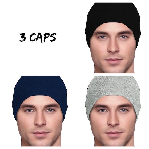 3 Cancer Hats - Buy2Get1 FREE Men's Chemo Cap, Cancer Beanie, Sleep, Lightweight  Black, Navy Blue, Gray Size Small / Medium Large