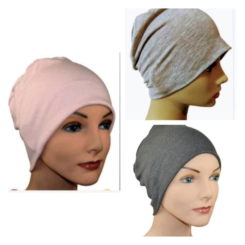 3 Organic Bamboo Cancer Hats Chemo Cap, Cancer Beanie, Sleep, Casual, Pink, Light Gray, Dark Gray Lot of 3, Soft, Small / Medium , Large image 1