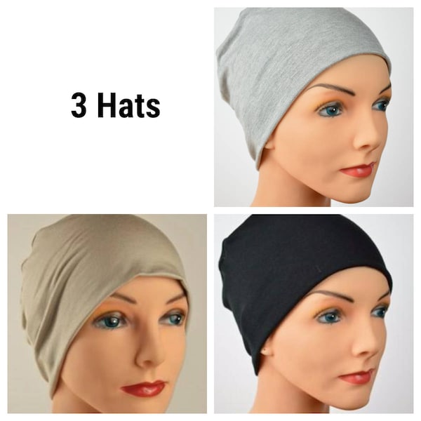 3 Cancer Hats - Chemo Cap, Cancer Beanie, Sleep, Casual, Neutrals -Organic Bamboo Fabric, Black, Gray, Mocha Tan - Small / Medium, Large