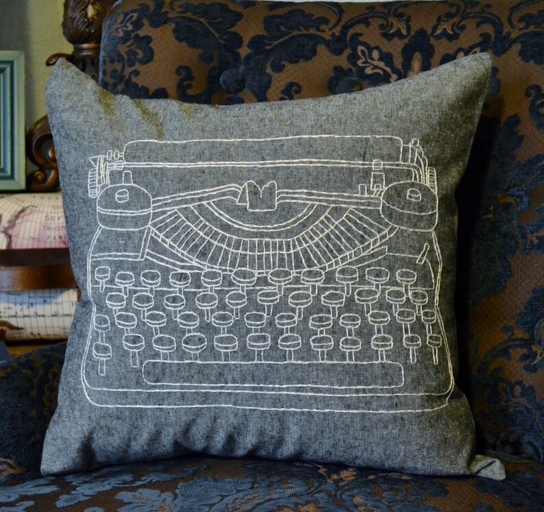 Vintage Typewriter Pillow Cover Hand Embroidery Typewriter Etsy