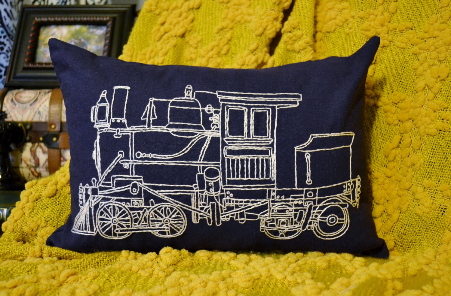 Vintage Train Pillow Cover Hand Embroidery Patent Etsy