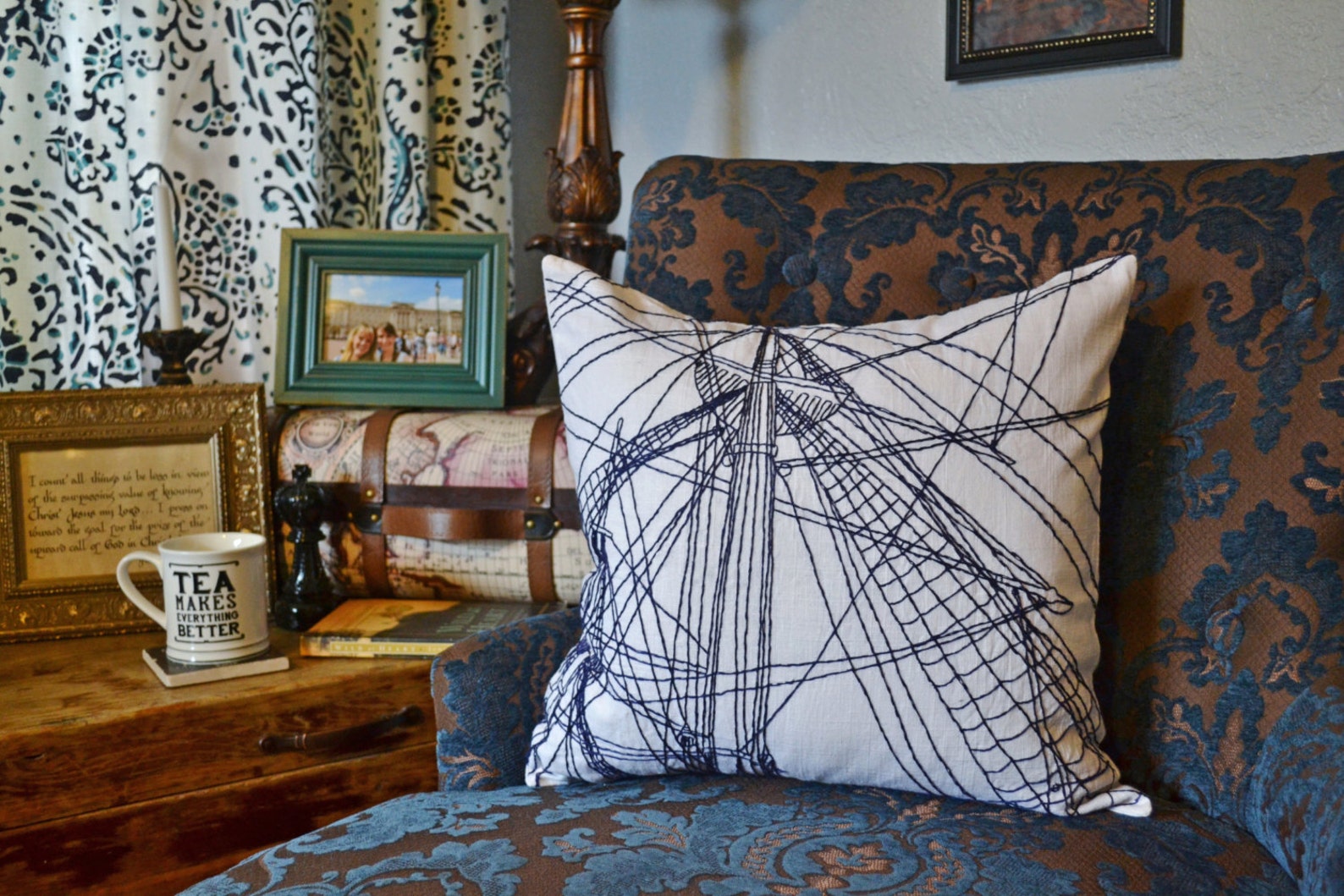 Nautical Pillow Cover Hand Embroidery Navy and White Pillow Etsy