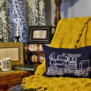 Vintage Train Pillow Cover Hand Embroidery Locomotive Patent Pillowcase Industrial Railroad Train Engine Accent Pillow Sham Boy Room Decor