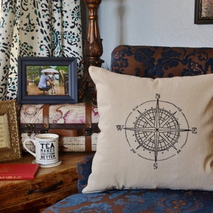 Compass Rose Pillow Cover Hand Embroidery Wanderlust Pillow Vintage Compass Old World Map Travel Decor Adventure Pillow Sham Nautical Pillow