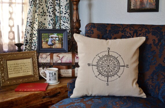 Compass Rose Pillow Cover Hand Embroidery Wanderlust Pillow Vintage Compass Old World Map Travel Decor Adventure Pillow Sham Nautical Pillow