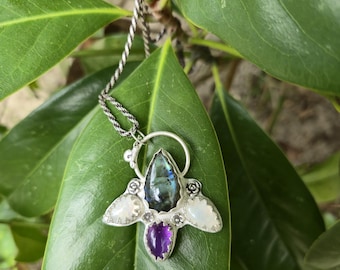 Snail, labradorite, Moonstone, Amethyst Sterling Silver Statement Pendant with Flowers