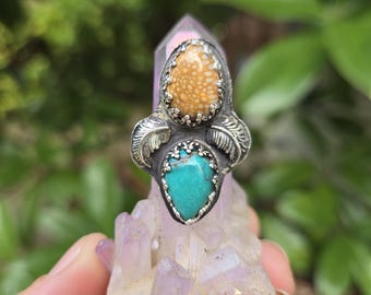 Deer Fawn "bambi" Jasper & Tibetan Turquoise Tear Drop Ring, Leaf Embellishments, Sterling Silver Double Banded Ring