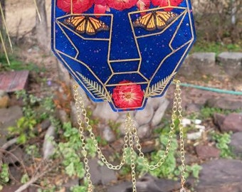 Flower Crown and Monarch BTSM Wall Hanger, Dried Flowers, EDM Art, Sun Catcher