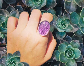 Carved Flourite Sterling Silver Ring, Size 6