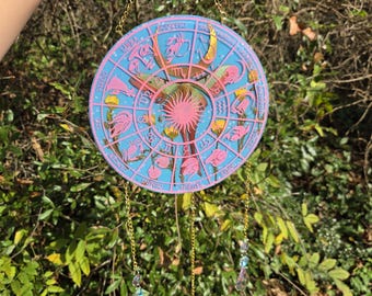 Zodiac Disk Wheel Wall hanger with Luna Moth, Holographic Moon, Dried Flowers, Gillter