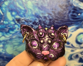 Colorshifting Devil Kitty Resin Pendant Necklace with pierced ears