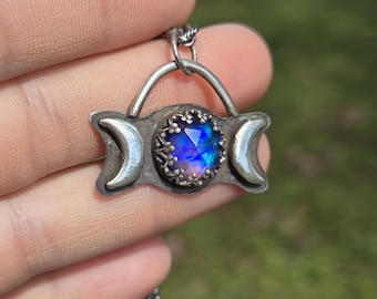Aurora Opal Triple Moon, .925 Sterling Silver Pendant