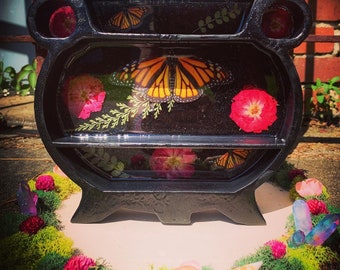 Shungite infused cauldron shelf, resin art, trinket shelf, halloween decor, monarch butterfly