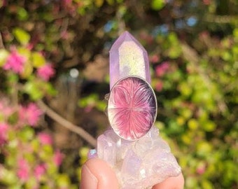 Flourite Carving, Flower Carving, Fine Silver Ring, Flourite Double Banded Ring