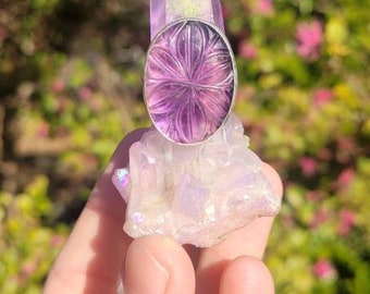 Purple Flourite Carving, Flower Carving, Fine Silver Ring, Flourite Ring