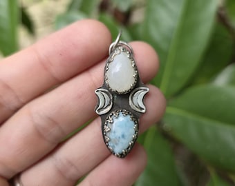 Larimar & Moonstone Triple Moon, .925 Sterling Silver Pendant