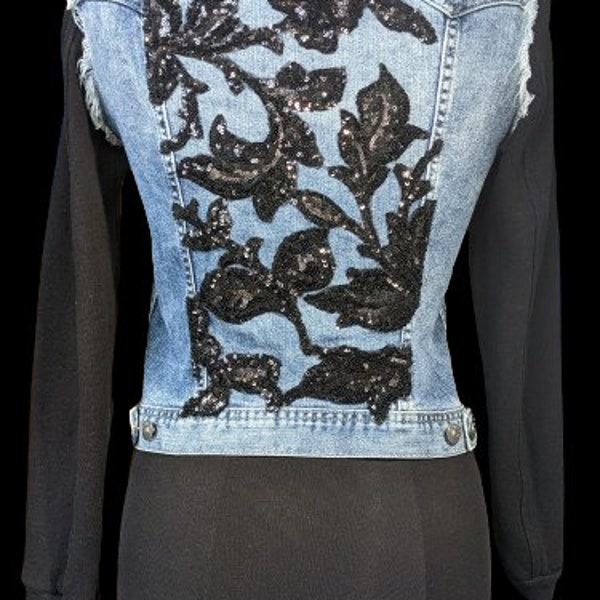 Up-cycled denim jacket, Recycled denim jacket, Denim jacket, Sustainable denim jacket, Black sequin rose jacket, Upcycled laced jacket.