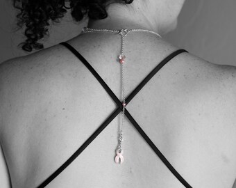 Pink and Silver Pearl and Crystal Multi-Strand Inspirational Back Drop Necklace w/ Awareness Ribbon Charm/Breast Cancer Gift Ideas for Her