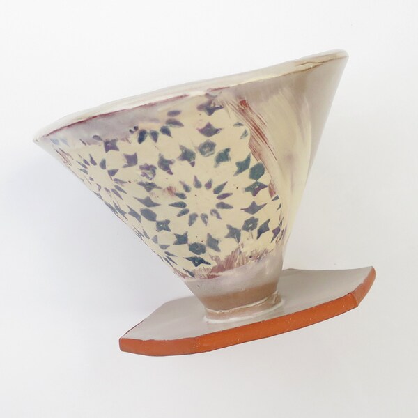 Pourover coffee dripper with Moroccan pattern- teal and cream. Ceramic coffee cone. Handmade pottery for coffee brewing V60