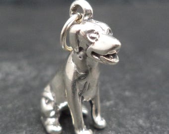 May include: Silver charm of a sitting dog with a detailed face and a loop for attaching to a bracelet or necklace.