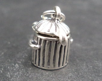 Sterling Silver 3D Trash Can with Cat, movable Charm for Charm Bracelet